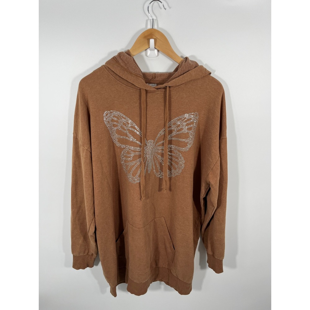Y2K Womens Hoodie XL‎ Brown Butterfly Oversized 2000s Soft Girl Casual Fairy